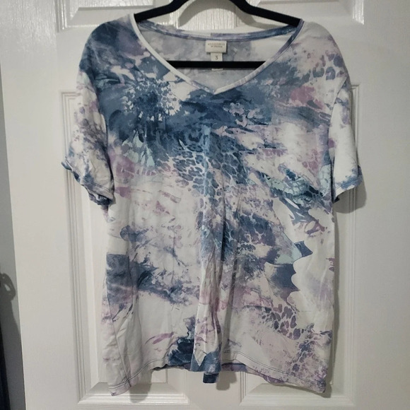 Weekend By Chico's Blue and Purple Abstract Design Short Sleeve Shirt in Size 3 - Picture 1 of 9